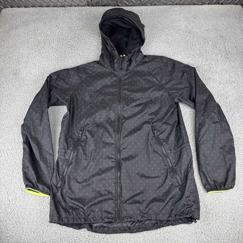 Nike Jacket Women's Large Black T/F Printed Wind‎ Runner Hooded Full Zip Active
